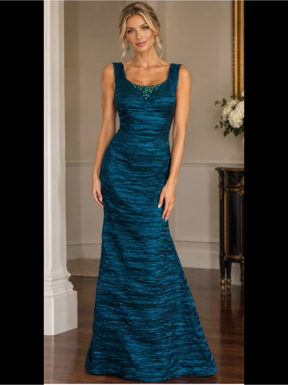 Alex Evenings Teal Crinkle Metallic Knit Gown Beaded Neck Formal Dress Sz 10